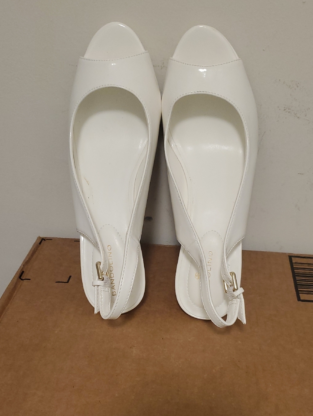 Bandolino White Patent Slingback Mules with Gold Buckle